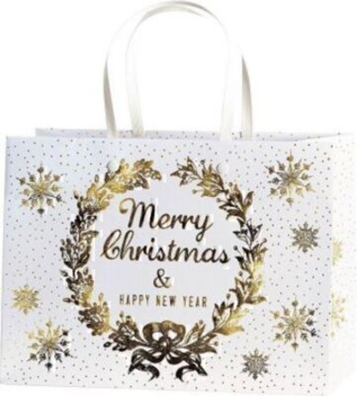 Christmas Gift Bag White Gold Belle Gold Medium by Stewo. This quality gift bag by Swiss designers Stewo will not disappoint. It has all the quality and detailing you would expect from Stewo. This gift bag is made from thick card. The strong handles are h
